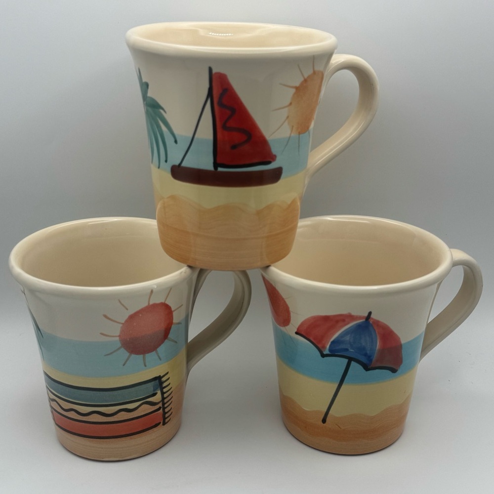 Pier 1 HandPainted Italian Beach Coffee Mug Set Sailboat Umbrella Palm Italy